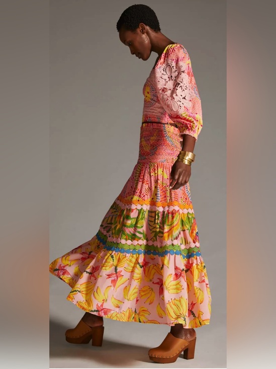 FARM Rio Dresses & Skirts - FARM Rio Dotted Bananas Pink Floral & Tropical Tiered Maxi Skirt